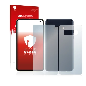 Face avant d’un emballage produit avec le logo de la marque upscreen. À côté, l’appareil Samsung Galaxy S10e (Avant+Arrière) e