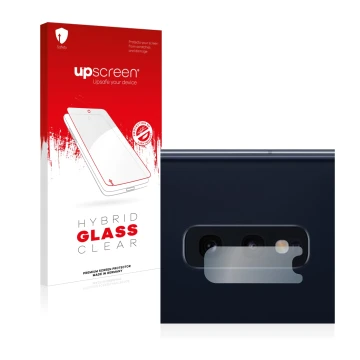 Face avant d’un emballage produit avec le logo de la marque upscreen. À côté, l’appareil Samsung Galaxy S10e (Caméra UNIQUEMEN