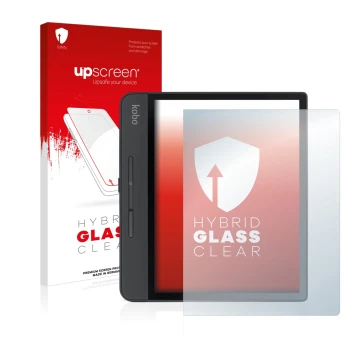 Face avant d’un emballage produit avec le logo de la marque upscreen. À côté, l’appareil Kobo Forma est représenté avec la pro