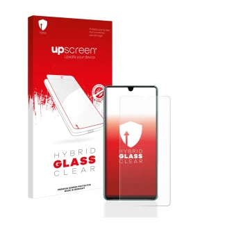 Face avant d’un emballage produit avec le logo de la marque upscreen. À côté, l’appareil Huawei P30 est représenté avec la pro
