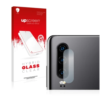 Face avant d’un emballage produit avec le logo de la marque upscreen. À côté, l’appareil Huawei P30 (Caméra UNIQUEMENT) est re