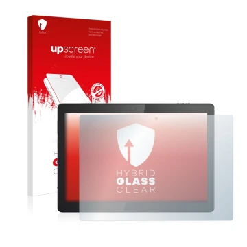 Face avant d’un emballage produit avec le logo de la marque upscreen. À côté, l’appareil Lenovo Tab M10 TB-X605F est représent