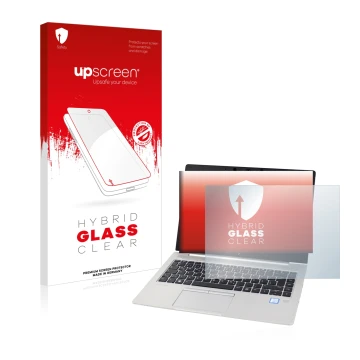 Face avant d’un emballage produit avec le logo de la marque upscreen. À côté, l’appareil HP EliteBook 830 G5 Non-Touch est rep