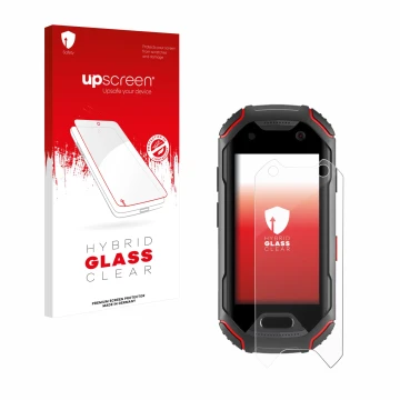 Face avant d’un emballage produit avec le logo de la marque upscreen. À côté, l’appareil Unihertz Atom est représenté avec la 