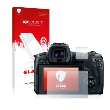Face avant d’un emballage produit avec le logo de la marque upscreen. À côté, l’appareil Canon EOS R est représenté avec la pr