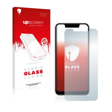 Face avant d’un emballage produit avec le logo de la marque upscreen. À côté, l’appareil Umidigi A3 Pro est représenté avec la