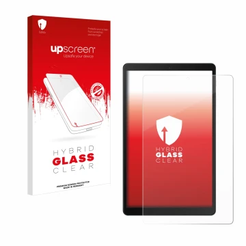 Face avant d’un emballage produit avec le logo de la marque upscreen. À côté, l’appareil Samsung Galaxy Tab A 10.1 WiFi 2019 e