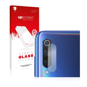 Face avant d’un emballage produit avec le logo de la marque upscreen. À côté, l’appareil Xiaomi Mi 9 (Caméra UNIQUEMENT) est r