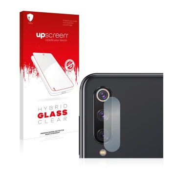 Face avant d’un emballage produit avec le logo de la marque upscreen. À côté, l’appareil Xiaomi Mi 9 SE (Caméra UNIQUEMENT) es