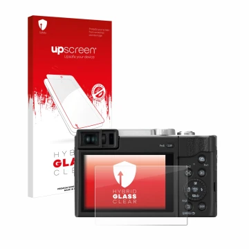 Face avant d’un emballage produit avec le logo de la marque upscreen. À côté, l’appareil Panasonic Lumix DC-TZ96 est représent