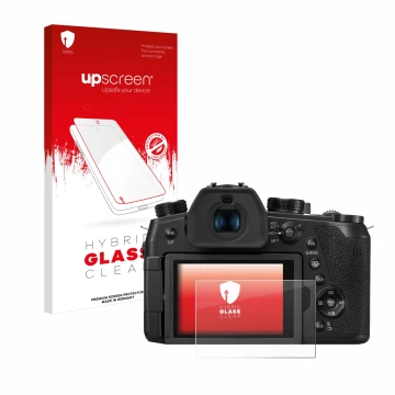 Face avant d’un emballage produit avec le logo de la marque upscreen. À côté, l’appareil Panasonic Lumix DC-FZ1000 II est repr