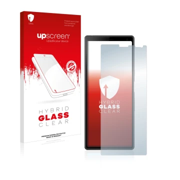 Face avant d’un emballage produit avec le logo de la marque upscreen. À côté, l’appareil Sony Xperia 10 est représenté avec la