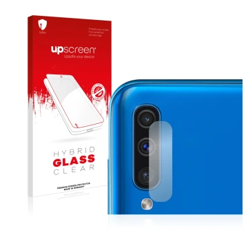 Face avant d’un emballage produit avec le logo de la marque upscreen. À côté, l’appareil Samsung Galaxy A50 (Caméra UNIQUEMENT