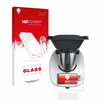 Face avant d’un emballage produit avec le logo de la marque upscreen. À côté, l’appareil Vorwerk Thermomix TM6 est représenté 