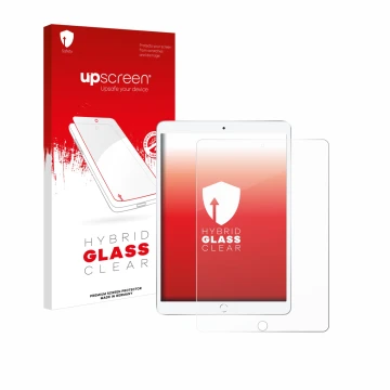 Face avant d’un emballage produit avec le logo de la marque upscreen. À côté, l’appareil Apple iPad Air 2019 (3ème Gen.) est r