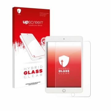 Face avant d’un emballage produit avec le logo de la marque upscreen. À côté, l’appareil Apple iPad Mini 5 2019 (5ème Gen.) es