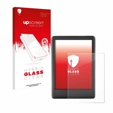 Face avant d’un emballage produit avec le logo de la marque upscreen. À côté, l’appareil Amazon Kindle 2019 (10ème Gen.) est r
