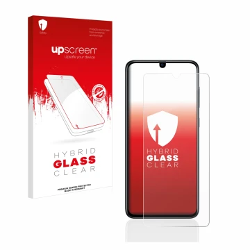 Face avant d’un emballage produit avec le logo de la marque upscreen. À côté, l’appareil Samsung Galaxy A70 est représenté ave
