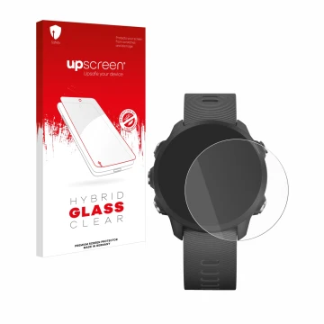 Face avant d’un emballage produit avec le logo de la marque upscreen. À côté, l’appareil Garmin Forerunner 245 Music est repré