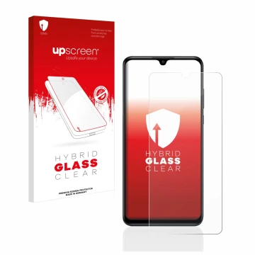 Face avant d’un emballage produit avec le logo de la marque upscreen. À côté, l’appareil Huawei P30 lite est représenté avec l