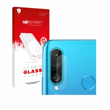 Face avant d’un emballage produit avec le logo de la marque upscreen. À côté, l’appareil Huawei P30 lite (Caméra UNIQUEMENT) e