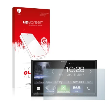Face avant d’un emballage produit avec le logo de la marque upscreen. À côté, l’appareil Kenwood DMX7017DABS est représenté av