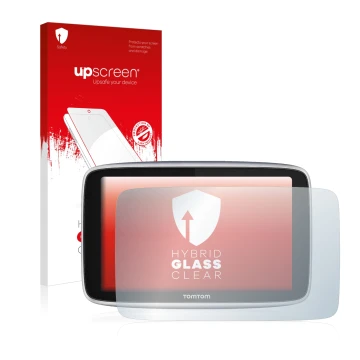 Face avant d’un emballage produit avec le logo de la marque upscreen. À côté, l’appareil TomTom GO Premium X est représenté av