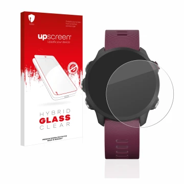 Face avant d’un emballage produit avec le logo de la marque upscreen. À côté, l’appareil Garmin Forerunner 245 est représenté 
