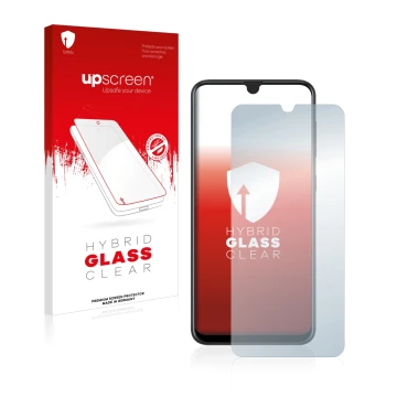 Face avant d’un emballage produit avec le logo de la marque upscreen. À côté, l’appareil Samsung Galaxy A20 est représenté ave