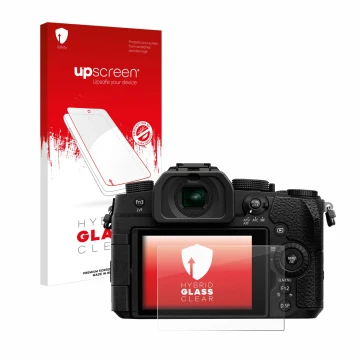 Face avant d’un emballage produit avec le logo de la marque upscreen. À côté, l’appareil Panasonic Lumix DC-G91 est représenté