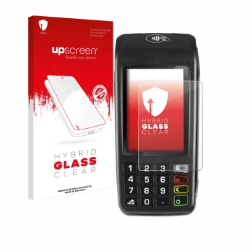 Face avant d’un emballage produit avec le logo de la marque upscreen. À côté, l’appareil ingenico Move/5000 est représenté ave