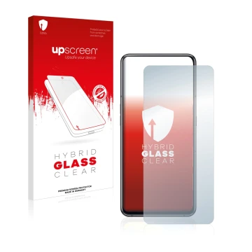 Face avant d’un emballage produit avec le logo de la marque upscreen. À côté, l’appareil Samsung Galaxy A80 est représenté ave