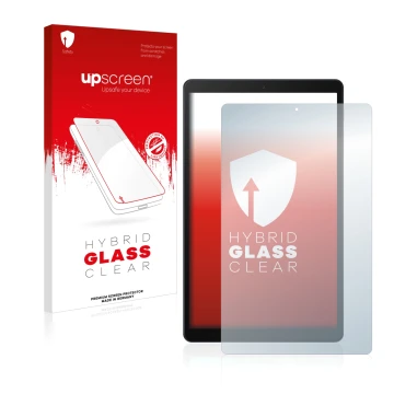Face avant d’un emballage produit avec le logo de la marque upscreen. À côté, l’appareil Samsung Galaxy Tab A 10.1 2019 est re