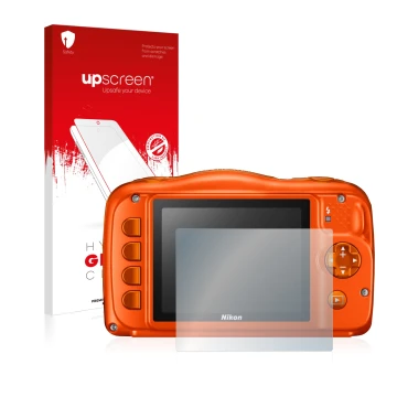 Face avant d’un emballage produit avec le logo de la marque upscreen. À côté, l’appareil Nikon Coolpix W150 est représenté ave