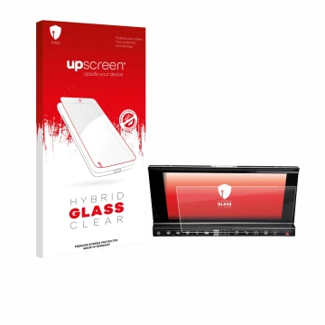 Face avant d’un emballage produit avec le logo de la marque upscreen. À côté, l’appareil DS 7 Crossback Infotainmentsystem est