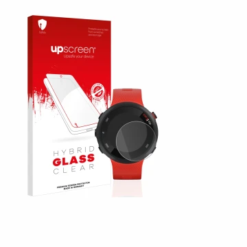 Face avant d’un emballage produit avec le logo de la marque upscreen. À côté, l’appareil Garmin Forerunner 45 est représenté a