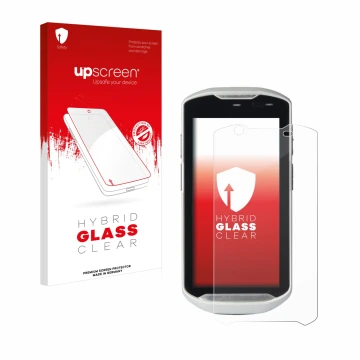 Face avant d’un emballage produit avec le logo de la marque upscreen. À côté, l’appareil Zebra TC52-HC est représenté avec la 