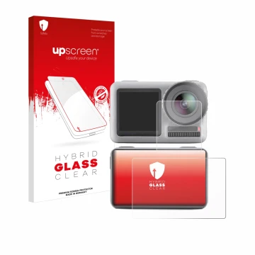 Face avant d’un emballage produit avec le logo de la marque upscreen. À côté, l’appareil DJI Osmo Action est représenté avec l