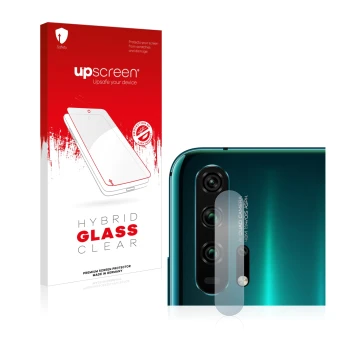 Face avant d’un emballage produit avec le logo de la marque upscreen. À côté, l’appareil Honor 20 Pro (Caméra UNIQUEMENT) est 