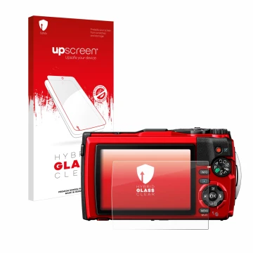 Face avant d’un emballage produit avec le logo de la marque upscreen. À côté, l’appareil Olympus Tough TG-6 est représenté ave