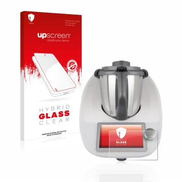 Face avant d’un emballage produit avec le logo de la marque upscreen. À côté, l’appareil Vorwerk Bimby TM6 est représenté avec