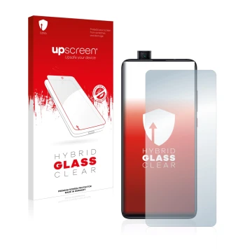 Face avant d’un emballage produit avec le logo de la marque upscreen. À côté, l’appareil Xiaomi Mi 9T est représenté avec la p