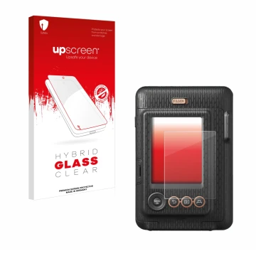 Face avant d’un emballage produit avec le logo de la marque upscreen. À côté, l’appareil Fujifilm Instax Mini LiPlay est repré