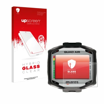Face avant d’un emballage produit avec le logo de la marque upscreen. À côté, l’appareil Mares Quad Air est représenté avec la