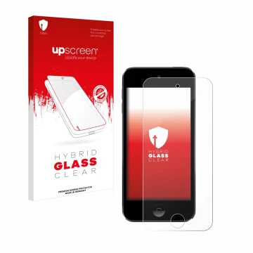 Face avant d’un emballage produit avec le logo de la marque upscreen. À côté, l’appareil Apple iPod Touch (7ème Gen.) est repr