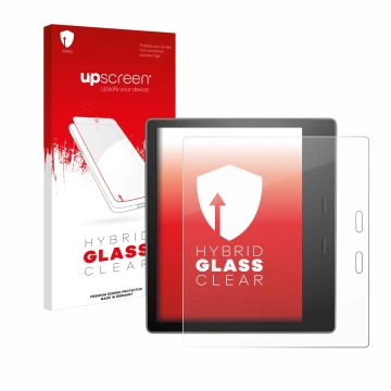Face avant d’un emballage produit avec le logo de la marque upscreen. À côté, l’appareil Amazon Kindle Oasis 2019 (10ème Gen.)