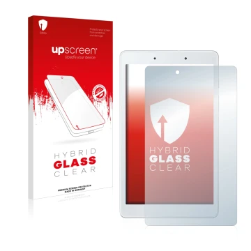 Face avant d’un emballage produit avec le logo de la marque upscreen. À côté, l’appareil Samsung Galaxy Tab A 8.0 WiFi 2019 es
