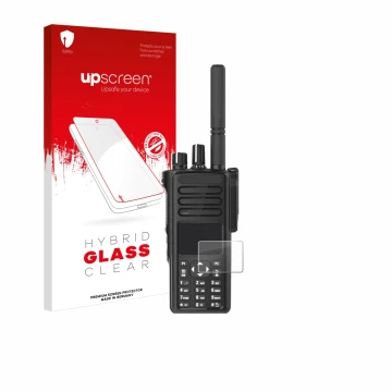 Face avant d’un emballage produit avec le logo de la marque upscreen. À côté, l’appareil Motorola DP4801e est représenté avec 