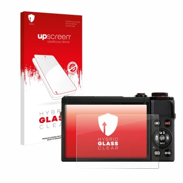 Face avant d’un emballage produit avec le logo de la marque upscreen. À côté, l’appareil Canon PowerShot G7 X Mark III est rep