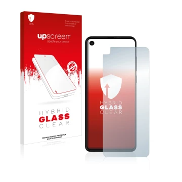 Face avant d’un emballage produit avec le logo de la marque upscreen. À côté, l’appareil Motorola One Action est représenté av